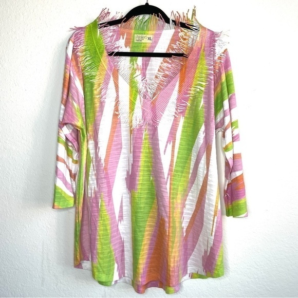 Atelier 5 By Gozde Yilmaz Multicolor 3/4 Sleeve Fringe V Neck Top - Picture 1 of 7